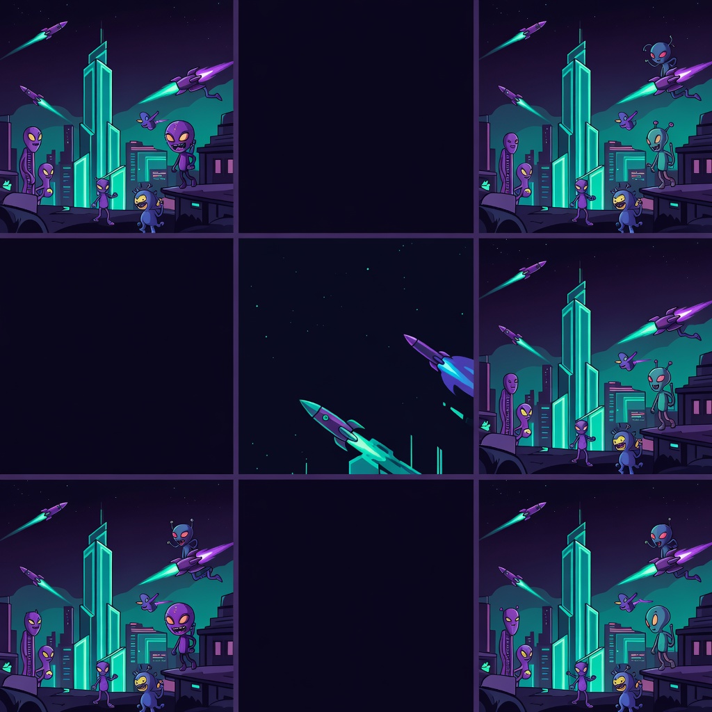 Vibrant alien cityscape with neon towers in cartoon style