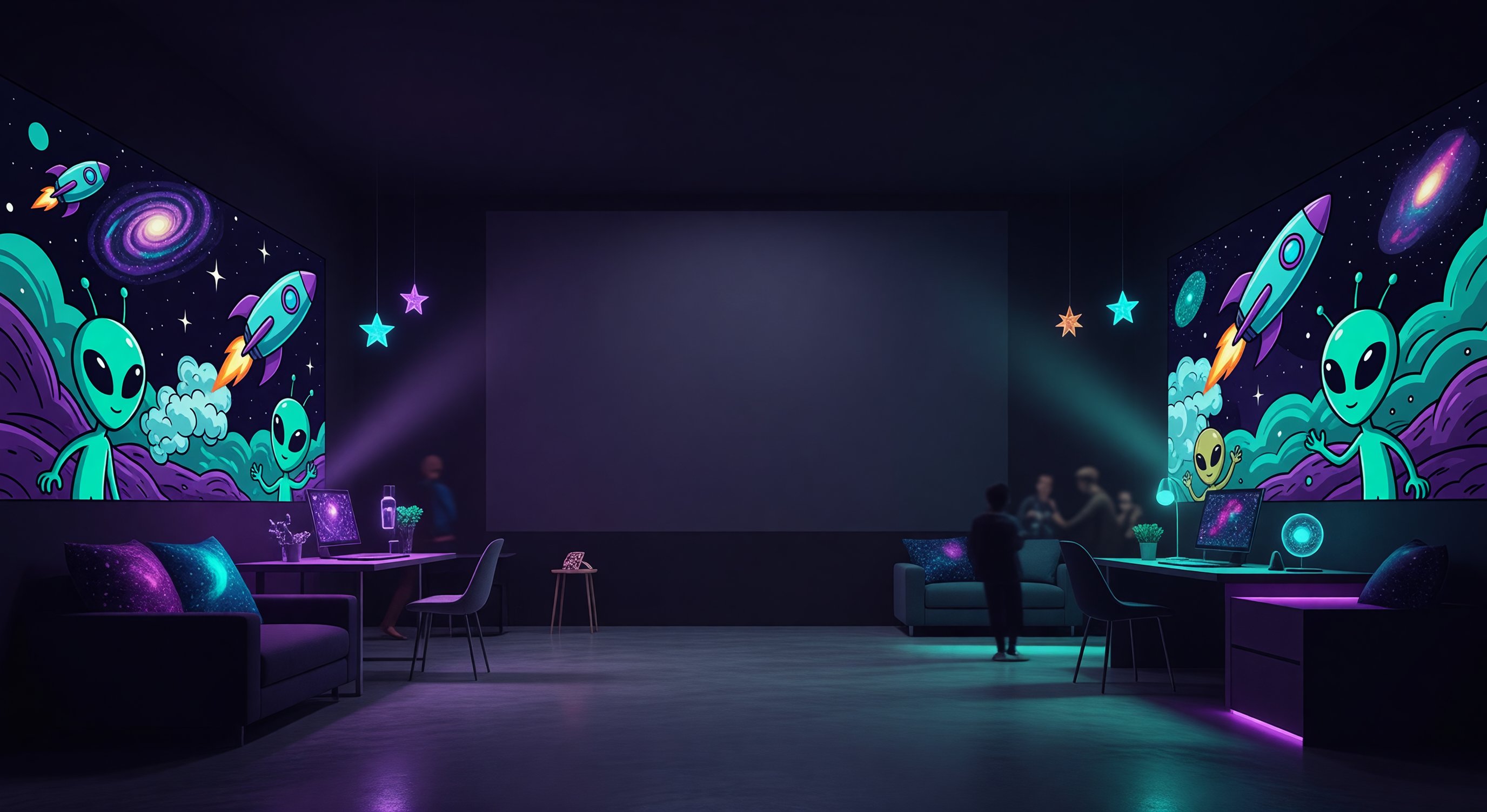 CedarFalls space-themed studio environment with vibrant cosmic decor